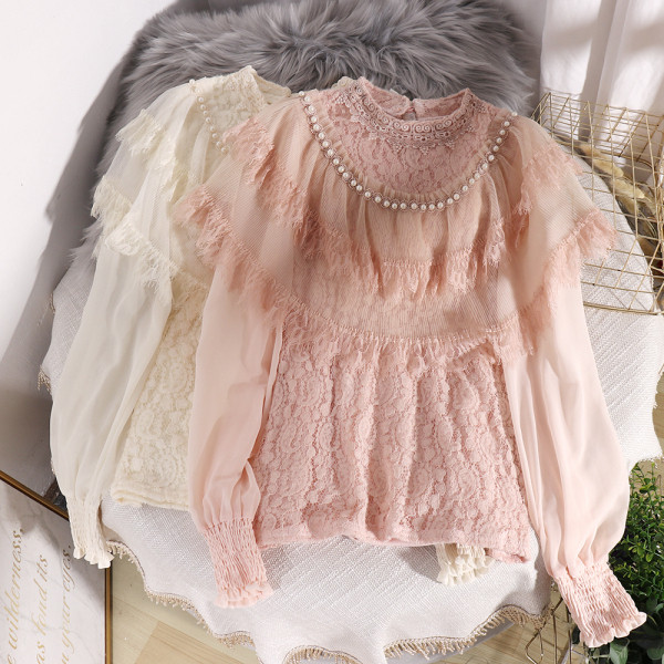 Modern női ing gyöngyökkel és csipkével, három színben