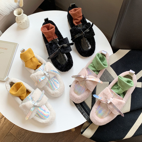 Női téli pehely alkalmi cipő lapos talppal, fekete, fehér és rózsaszín színben