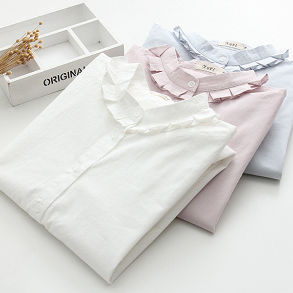 Új modell női ing alacsony gallérral és gombokkal fehér, rózsaszín és kék színben