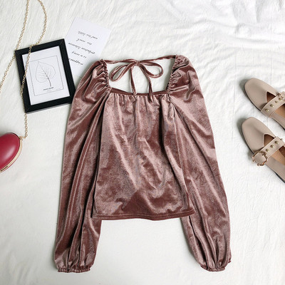 Modern női bársony blúz négyzet alakú nyakkivágással és megkötővel