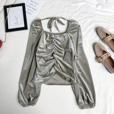 Modern női bársony blúz négyzet alakú nyakkivágással és megkötővel