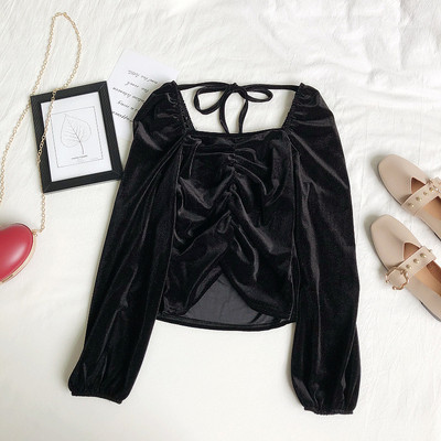 Modern női bársony blúz négyzet alakú nyakkivágással és megkötővel