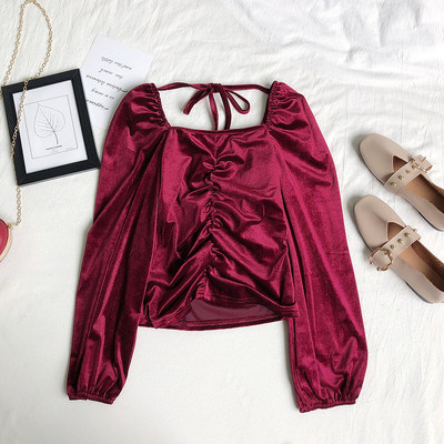 Modern női bársony blúz négyzet alakú nyakkivágással és megkötővel