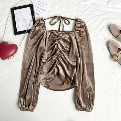 Modern női bársony blúz négyzet alakú nyakkivágással és megkötővel