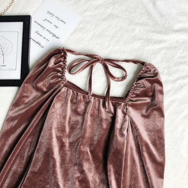 Modern női bársony blúz négyzet alakú nyakkivágással és megkötővel