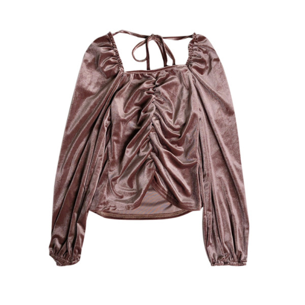 Modern női bársony blúz négyzet alakú nyakkivágással és megkötővel