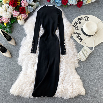 Casual γυναικείο φόρεμα με υψηλό κολάρο, μακρύ μανίκι και μεταλλικό στοιχείο σε έξι χρώματα