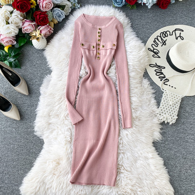 Modern női testhezálló ruha gombokkal és hosszú ujjú, különböző színekben