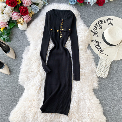 Modern női testhezálló ruha gombokkal és hosszú ujjú, különböző színekben