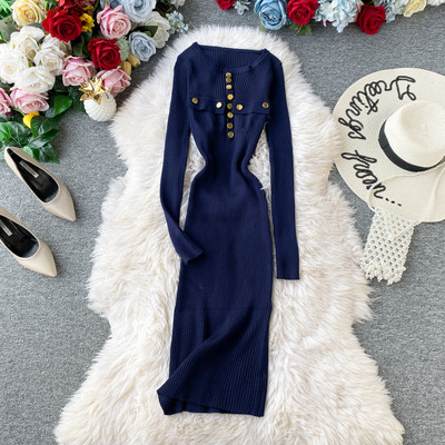 Modern női testhezálló ruha gombokkal és hosszú ujjú, különböző színekben