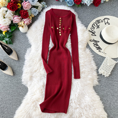 Modern női testhezálló ruha gombokkal és hosszú ujjú, különböző színekben