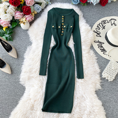 Modern női testhezálló ruha gombokkal és hosszú ujjú, különböző színekben