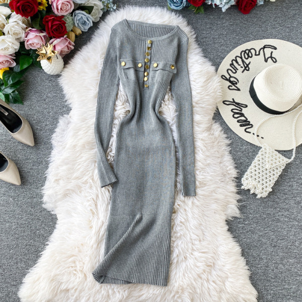 Modern női testhezálló ruha gombokkal és hosszú ujjú, különböző színekben