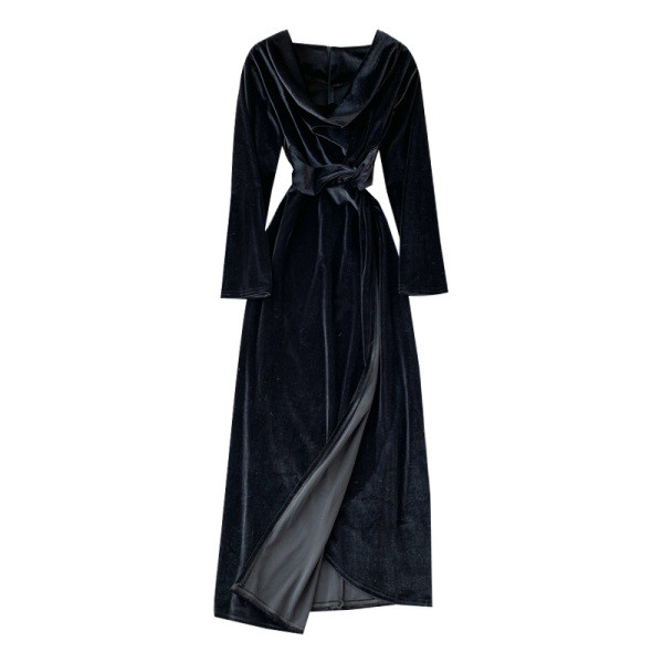 Modern női bársonyruha aszimmetrikus modell fekete és zöld színben