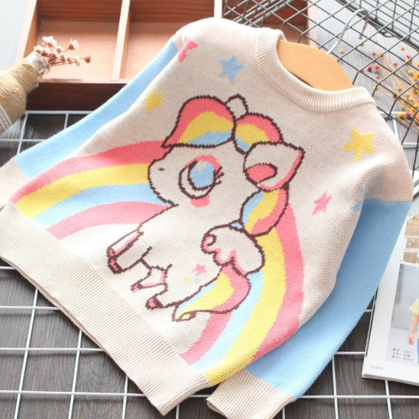 Gyerek kötött pulóver kerek nyakkivágással és pónival lányoknak fehér színben