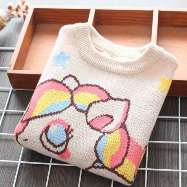 Gyerek kötött pulóver kerek nyakkivágással és pónival lányoknak fehér színben