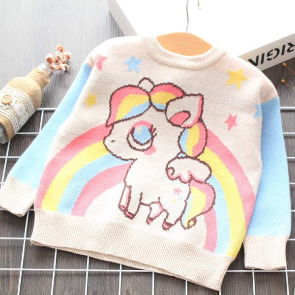 Gyerek kötött pulóver kerek nyakkivágással és pónival lányoknak fehér színben