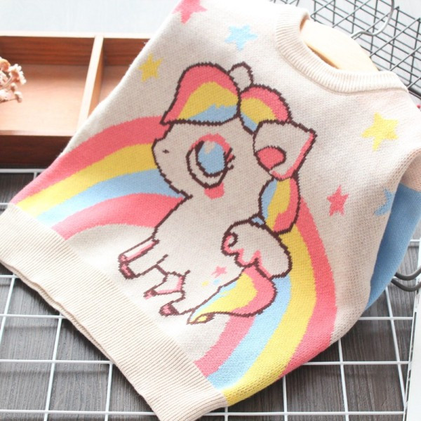 Gyerek kötött pulóver kerek nyakkivágással és pónival lányoknak fehér színben