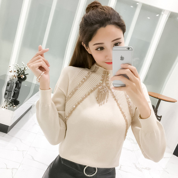 Stílusos női őszi blúz fekete, bézs és narancssárga flitterekkel