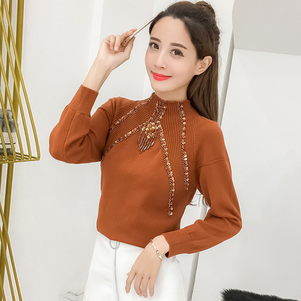 Stílusos női őszi blúz fekete, bézs és narancssárga flitterekkel