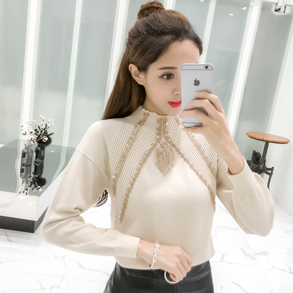 Stílusos női őszi blúz fekete, bézs és narancssárga flitterekkel