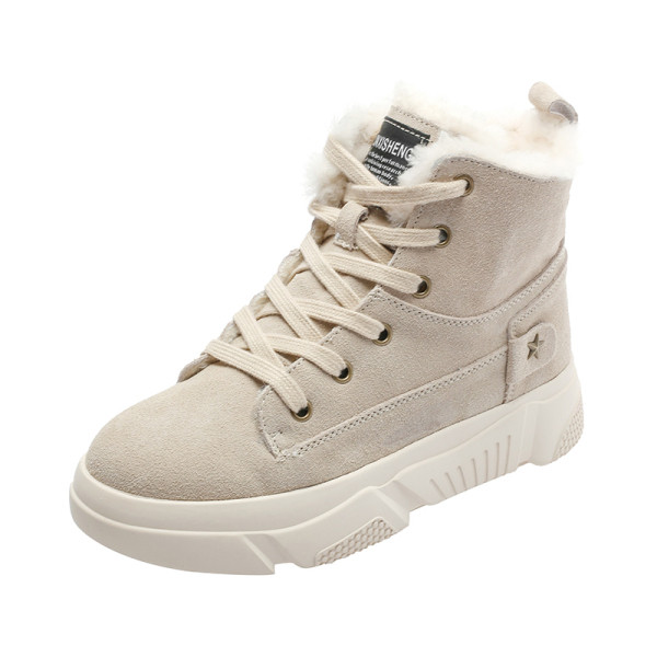 Modern női csizma puha béléssel és bézs és fekete fűzővel