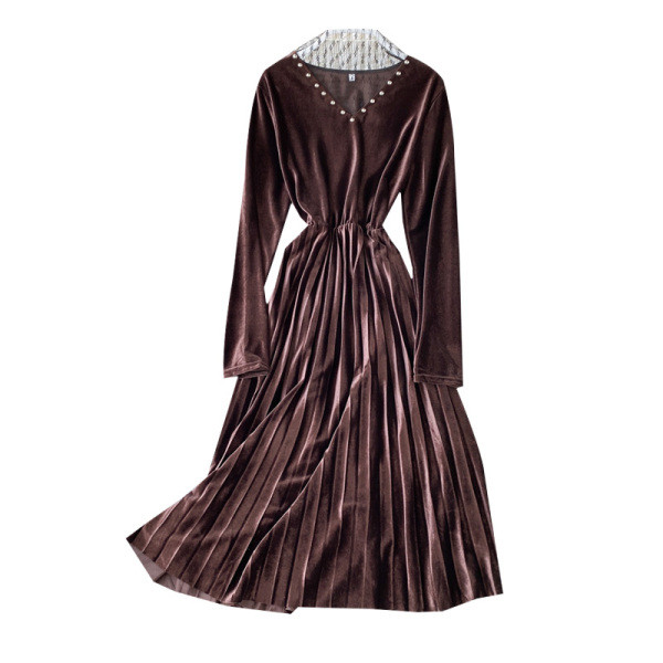 Női rakott ruha, hosszú ujjú bársonyból és gyöngyökből három színben