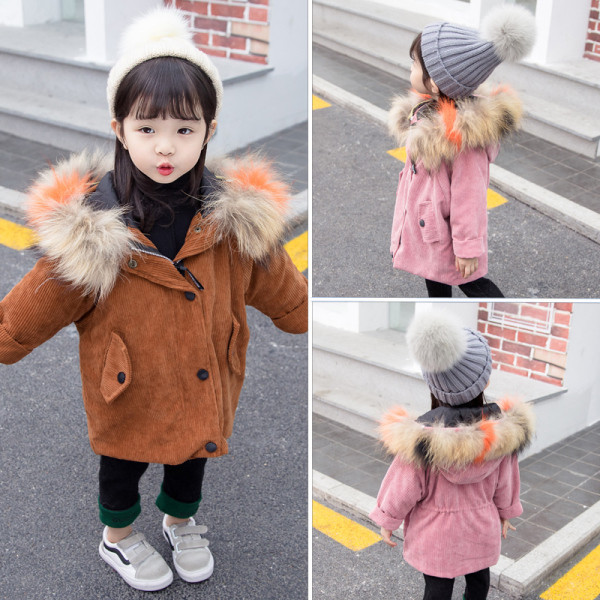 Modern gyerekkabát lányoknak rózsaszín és barna színben, pehelytal és zsebekkel
