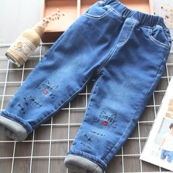 Παιδικά χειμωνιάτικα τζιν με κεντήματα και τσέπες για κορίτσια σε μπλε χρώμα