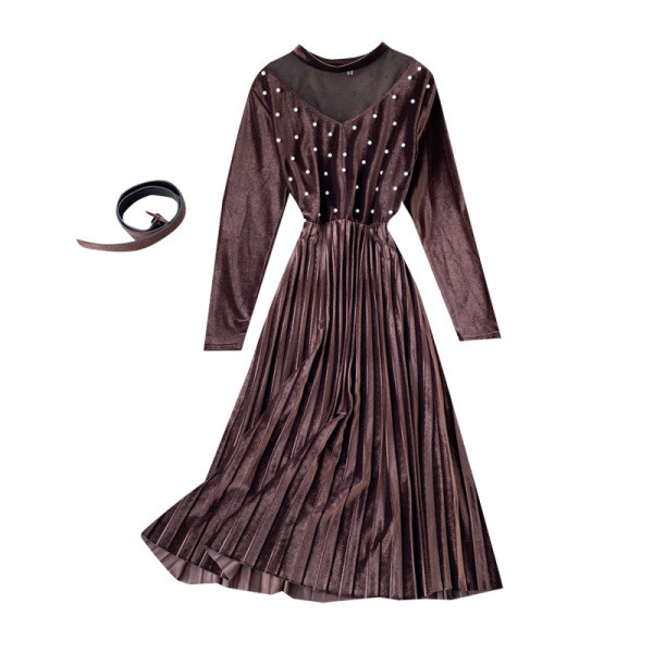 Modern női bársonyruha gyöngyökkel és hosszú ujjú négy színben