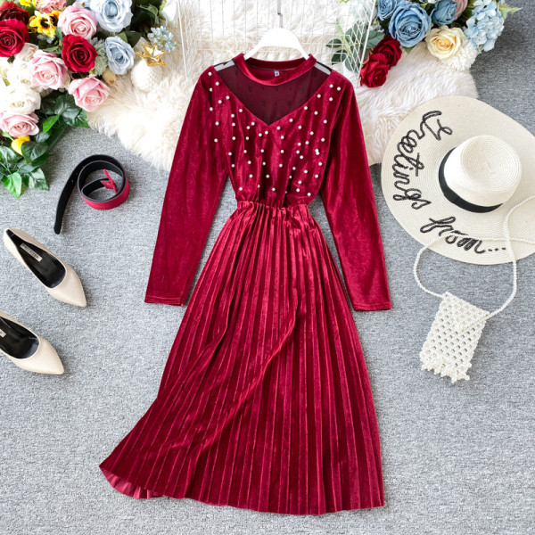 Modern női bársonyruha gyöngyökkel és hosszú ujjú négy színben