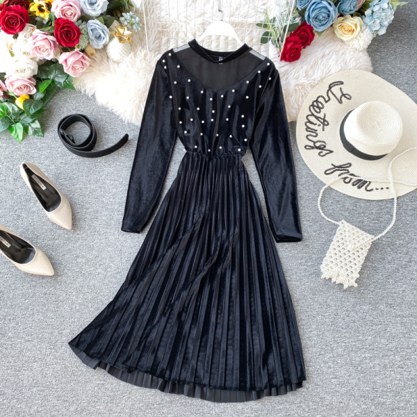 Modern női bársonyruha gyöngyökkel és hosszú ujjú négy színben