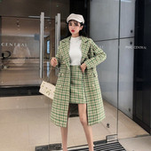 Γυναικείο κομψό καρό παλτό φαρδύ μοτίβο με κουμπιά σε πράσινο και γκρι χρώμα