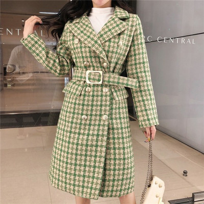 Γυναικείο κομψό καρό παλτό φαρδύ μοτίβο με κουμπιά σε πράσινο και γκρι χρώμα