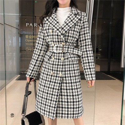 Γυναικείο κομψό καρό παλτό φαρδύ μοτίβο με κουμπιά σε πράσινο και γκρι χρώμα