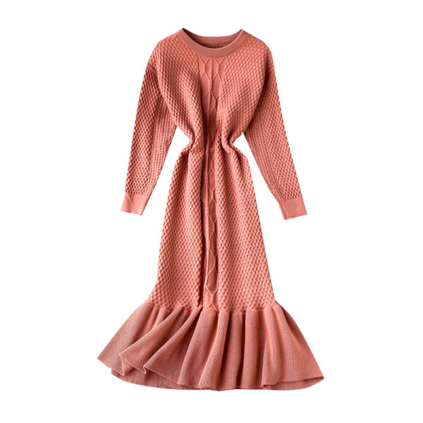 Γυναικείο καθημερινό πλεκτό φόρεμα με μακρύ μανίκι με ωοειδές λαιμόκοψη σε τρία χρώματα