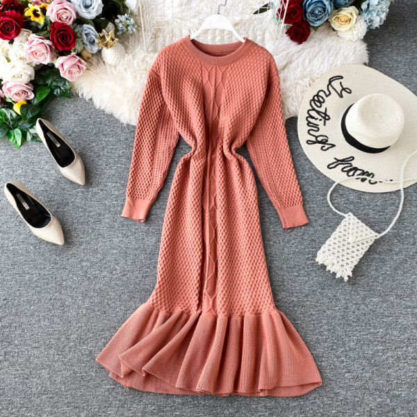 Γυναικείο καθημερινό πλεκτό φόρεμα με μακρύ μανίκι με ωοειδές λαιμόκοψη σε τρία χρώματα