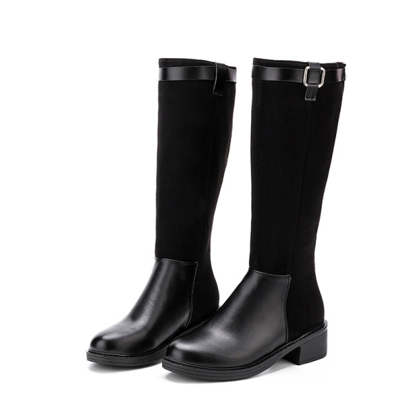 Öko velúrból és öko bőrből készült magas női csizma csattal fekete színben