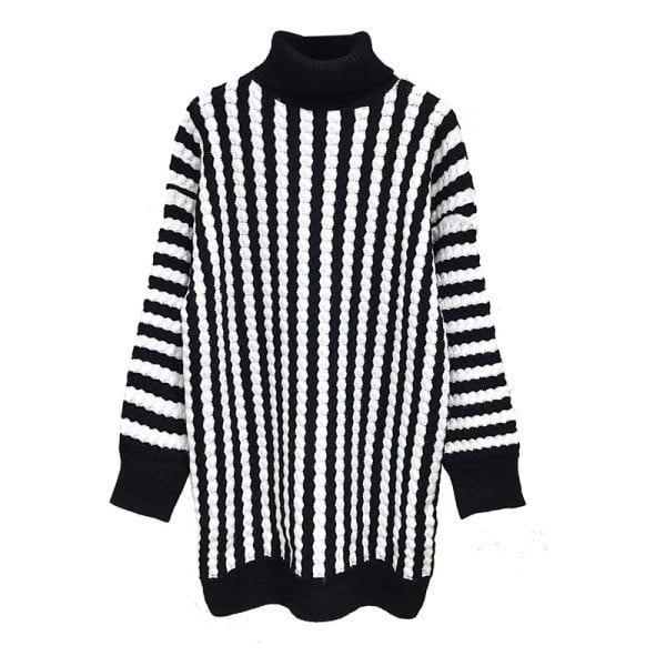 Csíkos női ruha magas gallérral fekete és szürke színben