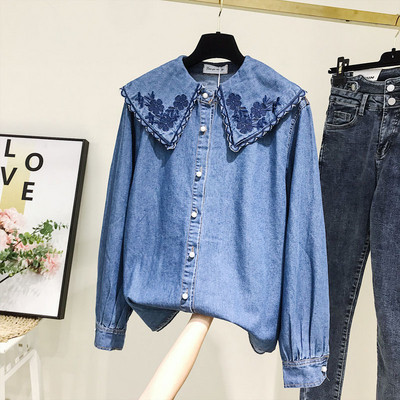 Új modell női farmer ing, gallérján hímzéssel