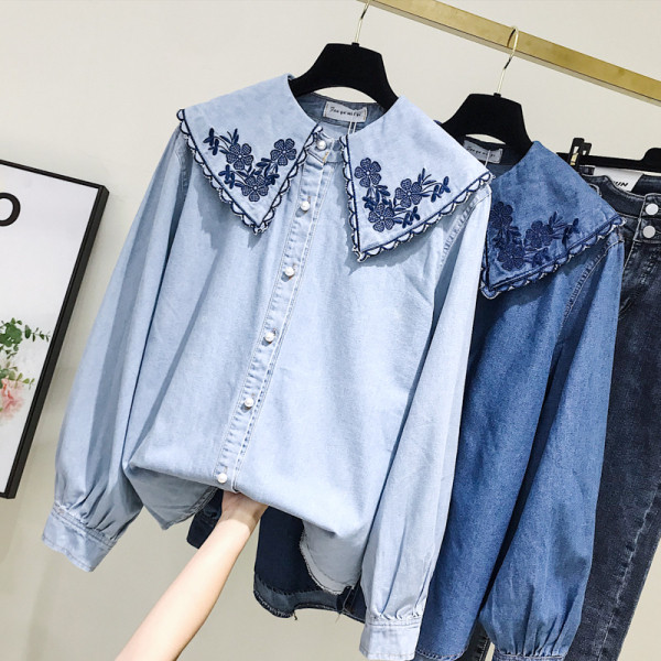 Új modell női farmer ing, gallérján hímzéssel