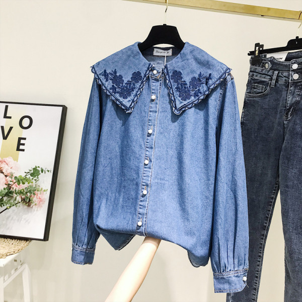 Új modell női farmer ing, gallérján hímzéssel