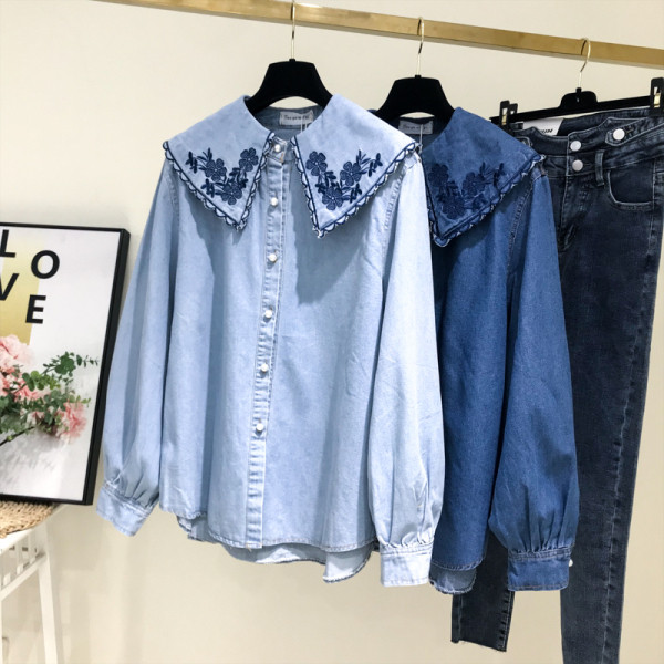 Új modell női farmer ing, gallérján hímzéssel