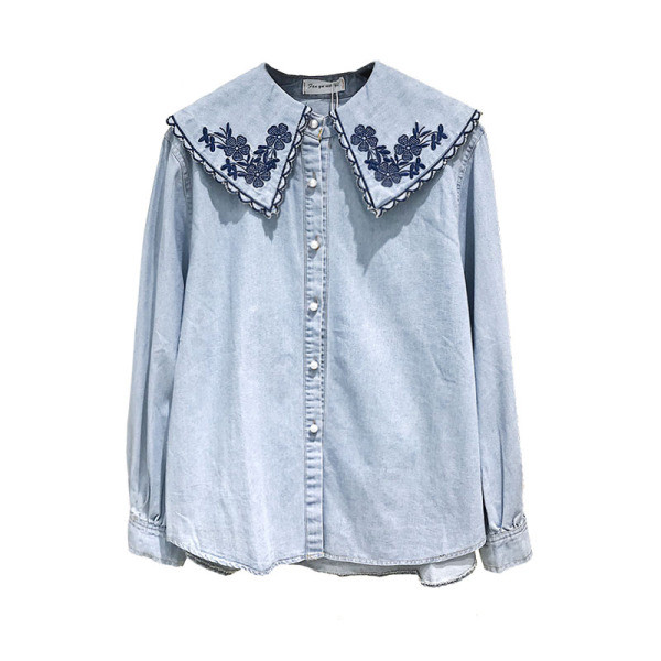 Új modell női farmer ing, gallérján hímzéssel