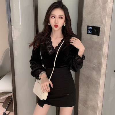 Cămașă de damă din catifea cu dantelă de culoare maro și negru