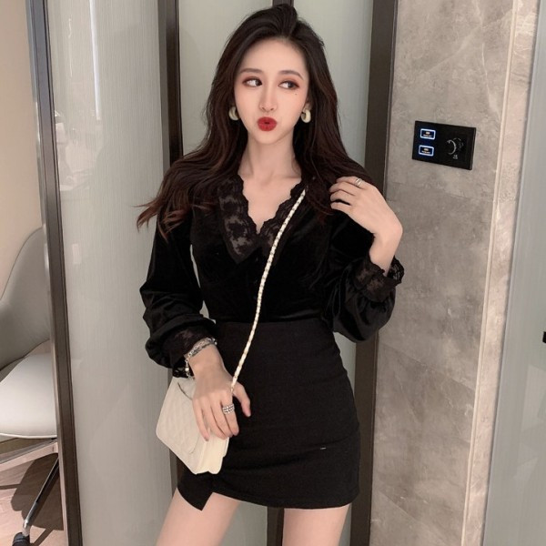 Cămașă de damă din catifea cu dantelă de culoare maro și negru