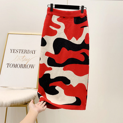 Γυναικεία μακρύ πλεκτό φούστα για το φθινοπώρου-χειμώνα με καμουφλάζ τύπομα