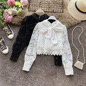 Μοντέρνο γυανικείο δαντελένιο πουκάμισο με μακρύ μανίκι Λευκό και Μαύρο  χρώμα