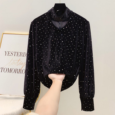 Γυναικείο βελούδίνο ρετρό πουκάμισο πουά σε μαύρο και μπλε χρώμα