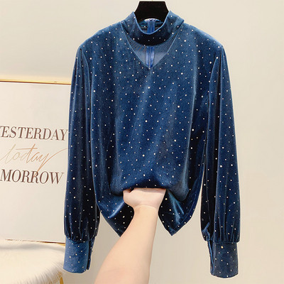 Γυναικείο βελούδίνο ρετρό πουκάμισο πουά σε μαύρο και μπλε χρώμα